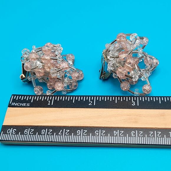 Vintage Pink Clear Waterfall Clip Earrings, Hand-Threaded, 1940s, 2" - Picture 10 of 12